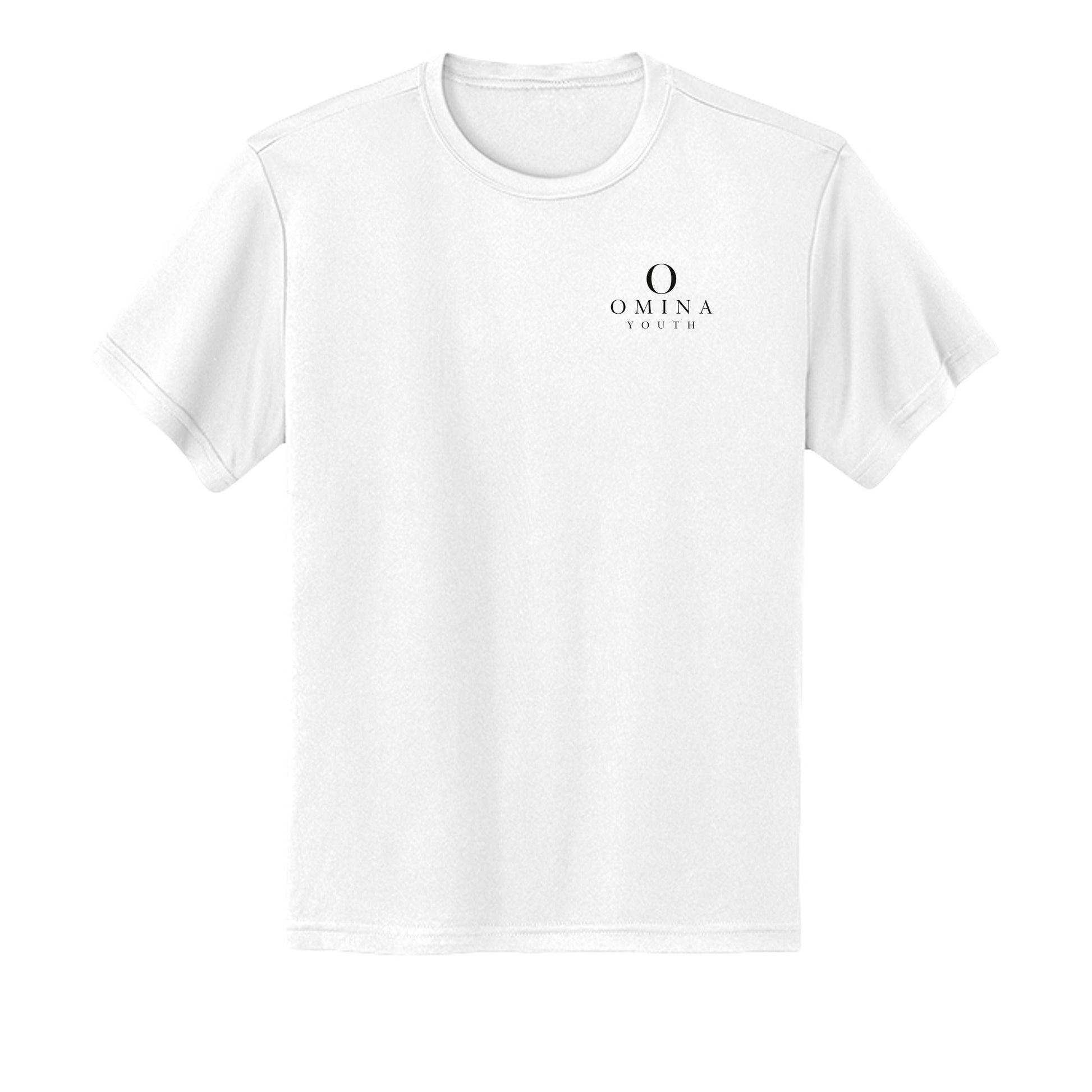 Omina youth white performance t-shirt with small black logo on chest, made from moisture-wicking fabric.