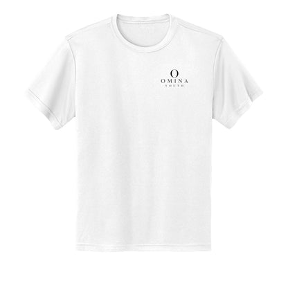 Omina youth white performance t-shirt with small black logo on chest, made from moisture-wicking fabric.