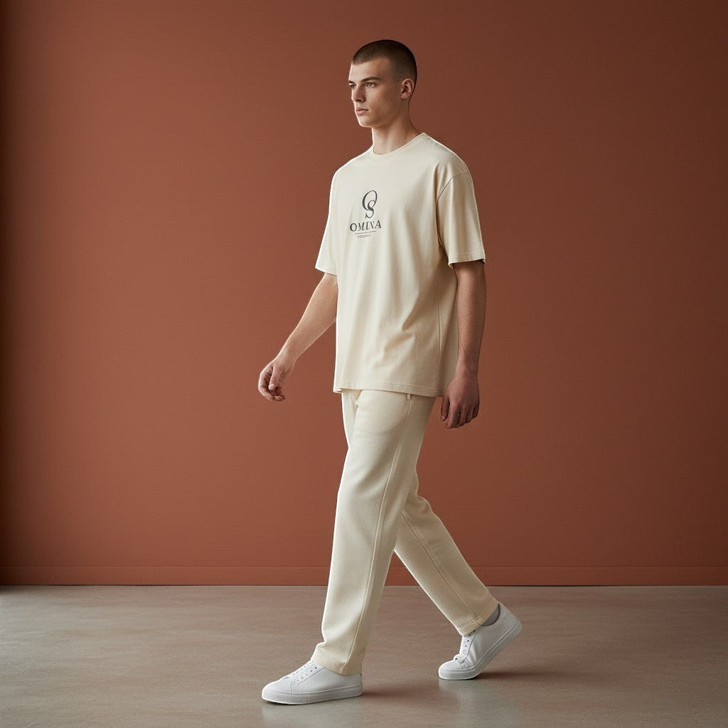Omina Studio men's relaxed fit cream cotton t-shirt and matching trousers set.