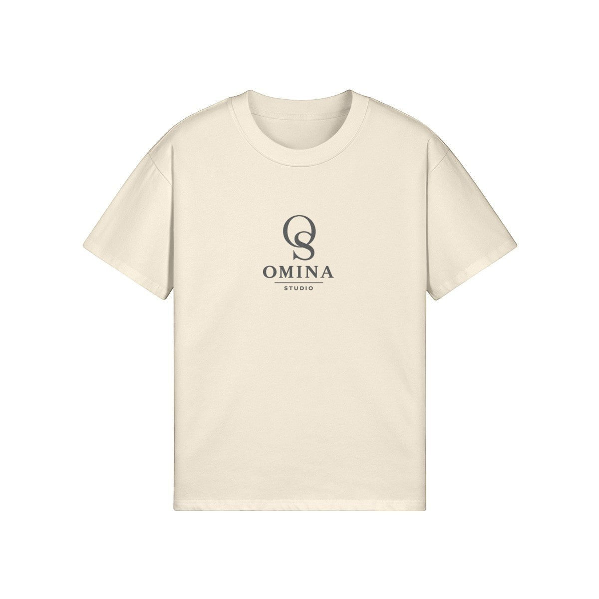 Omina Studio cream relaxed fit cotton t-shirt with subtle logo on chest.
