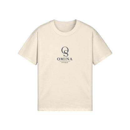 Omina Studio cream relaxed fit cotton t-shirt with subtle logo on chest.