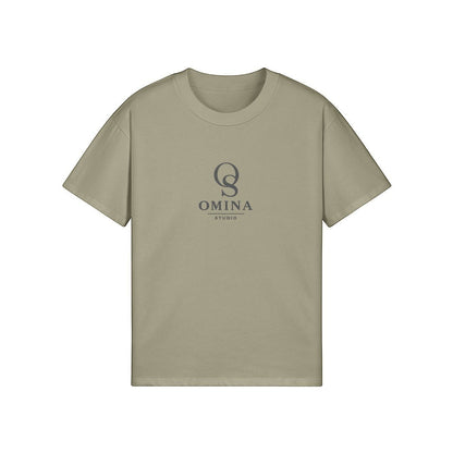 Omina Studio relaxed fit t-shirt in light olive green cotton with a subtle grey logo on the chest.