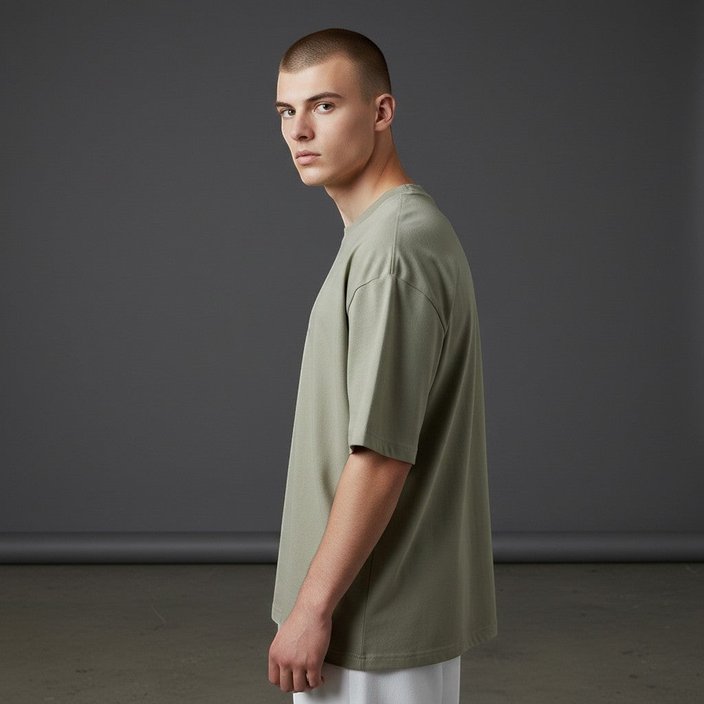 Omina Studio olive green relaxed fit cotton t-shirt worn by a male model.