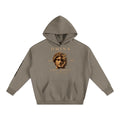 Omina Studio taupe oversized fleeced hoodie with a graphic print of a split face and text.
