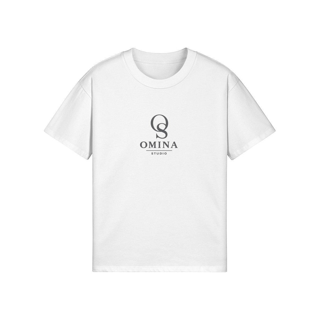 Omina Studio white relaxed fit cotton t-shirt with black logo on chest.