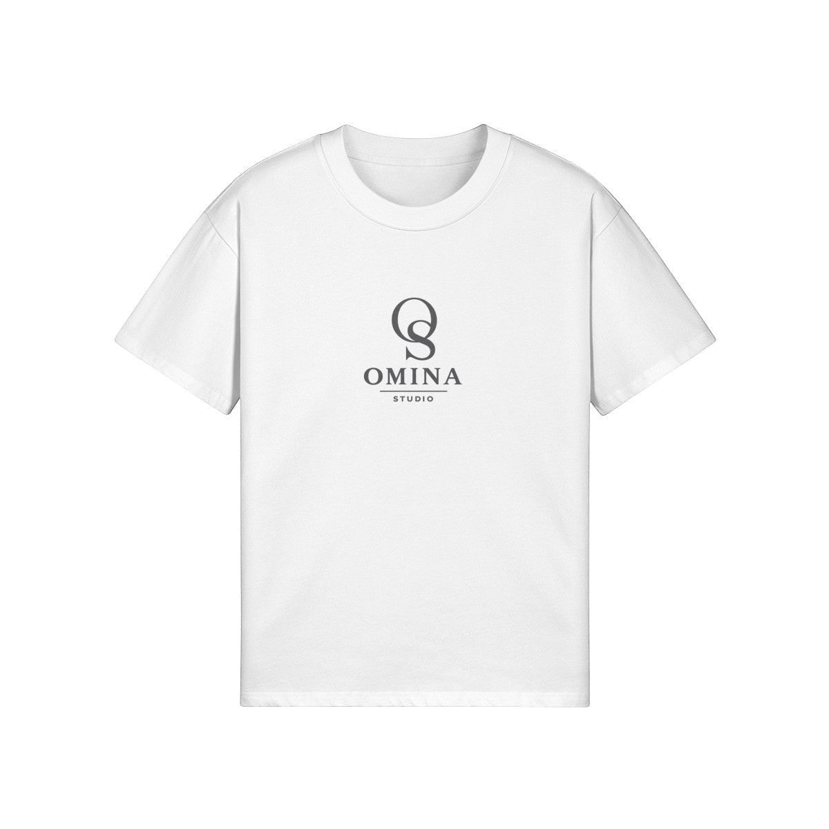 Omina Studio white relaxed fit cotton t-shirt with black logo on chest.