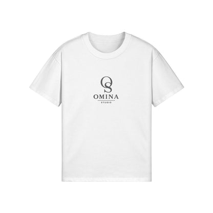 Omina Studio white relaxed fit cotton t-shirt with black logo on chest.