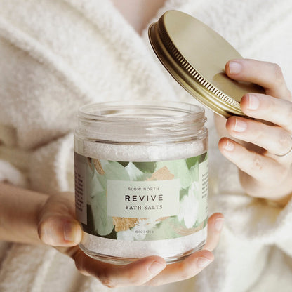 Slow North Revive Bath Salts in a 15 oz jar, showcasing natural mineral-rich bath salts for relaxing body care.
